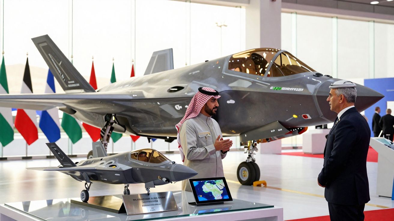 Dois homens conversam próximo a um caça militar cinza exibido em uma feira de armas.