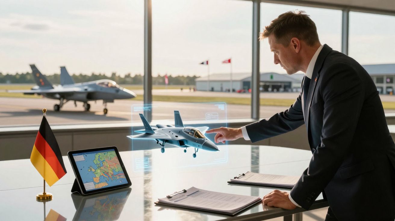 Homem em terno aponta para modelo virtual de avião em mesa com tablet e bandeira da Alemanha, com jato ao fundo.