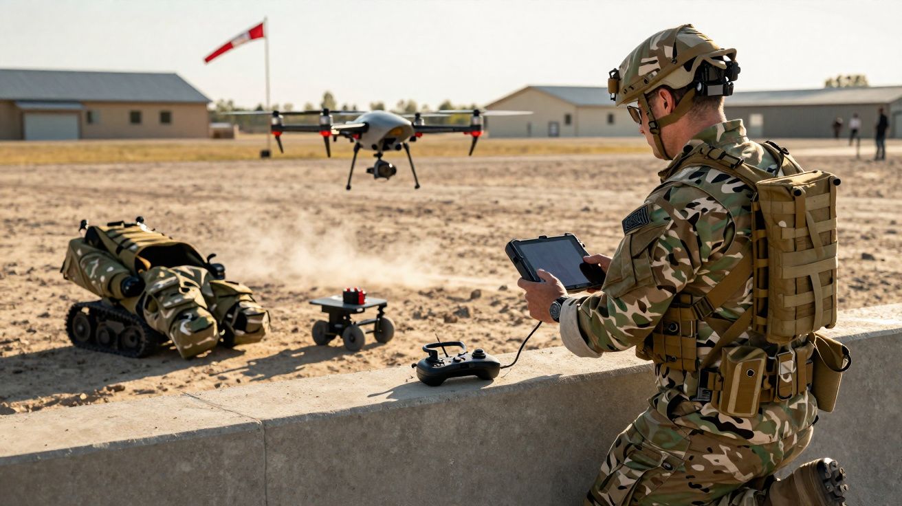 Soldado em uniforme tático operando drone e robôs em área aberta com prédios ao fundo.