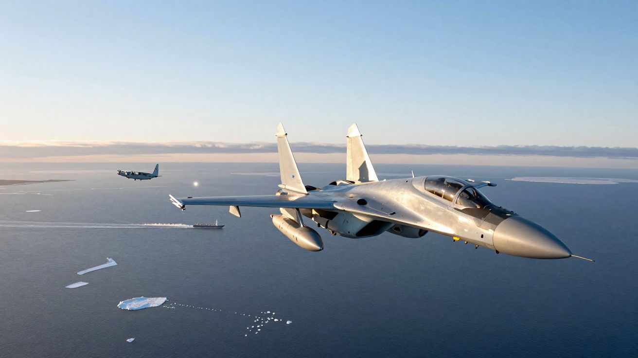 Caça militar voando sobre o mar com outro avião e navios ao fundo durante o dia.
