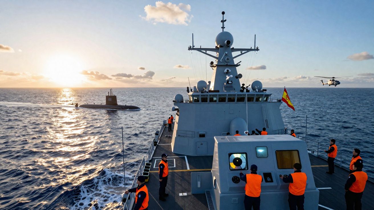 Marinha espanhola em operação com navio, submarino e helicóptero ao pôr do sol no mar aberto.