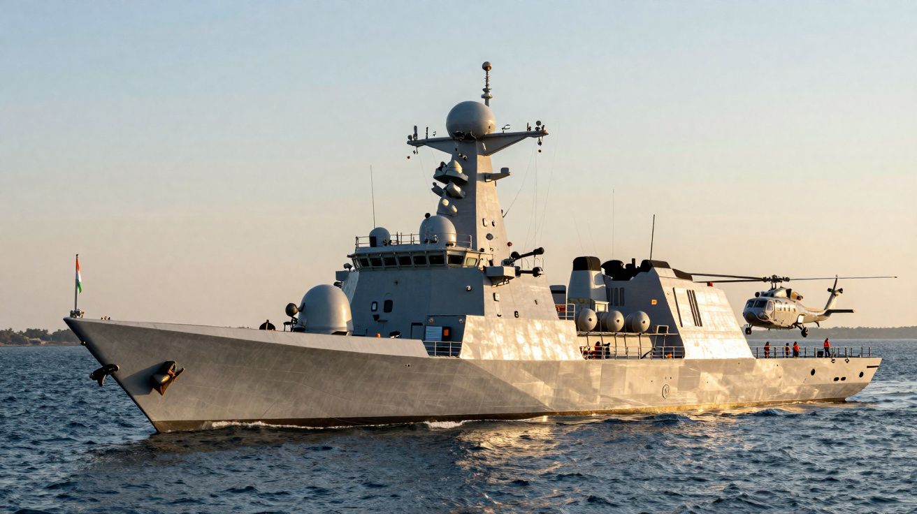 Navio de guerra cinza no mar com helicóptero pousado na parte traseira ao entardecer.