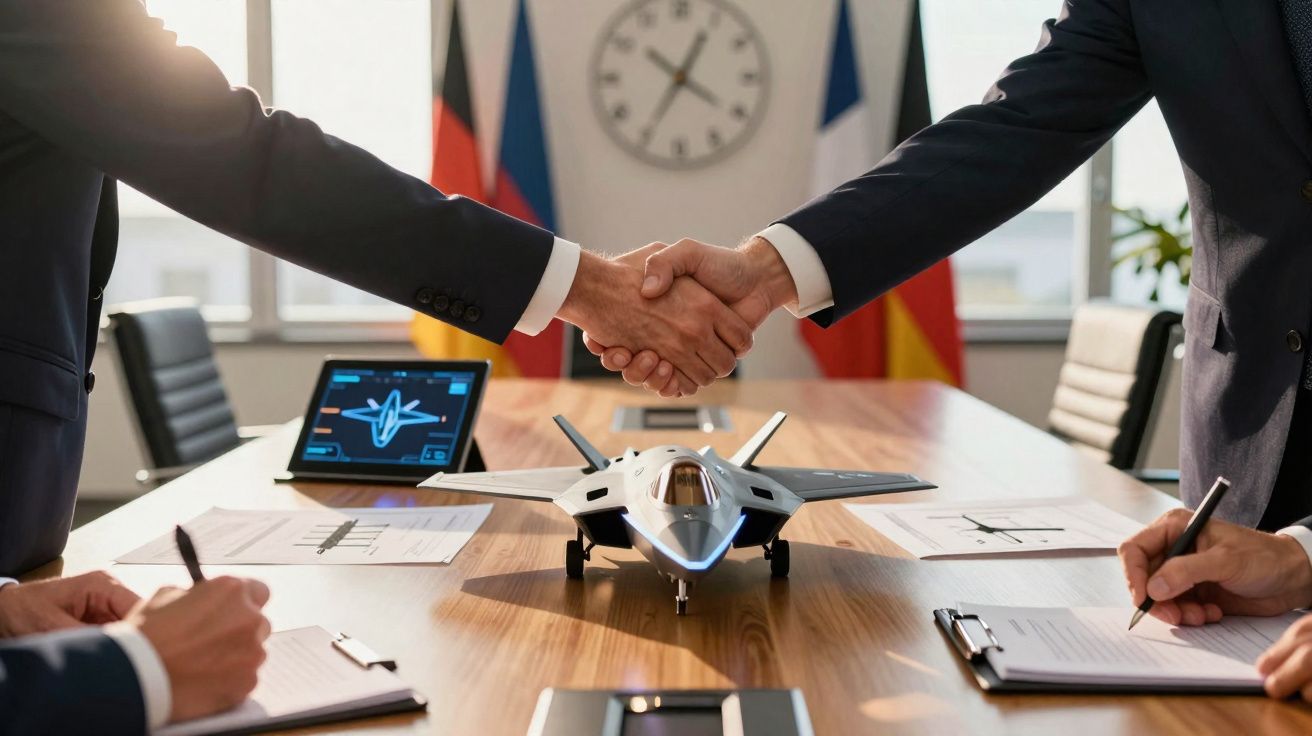 Duas pessoas apertam as mãos sobre mesa com maquete de avião de combate e documentos em reunião de negócios.
