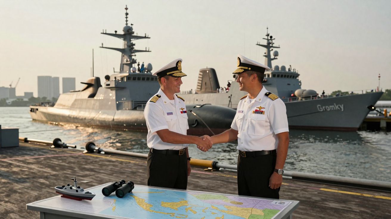 Dois oficiais da marinha apertando as mãos em um cais com navios militares ao fundo.