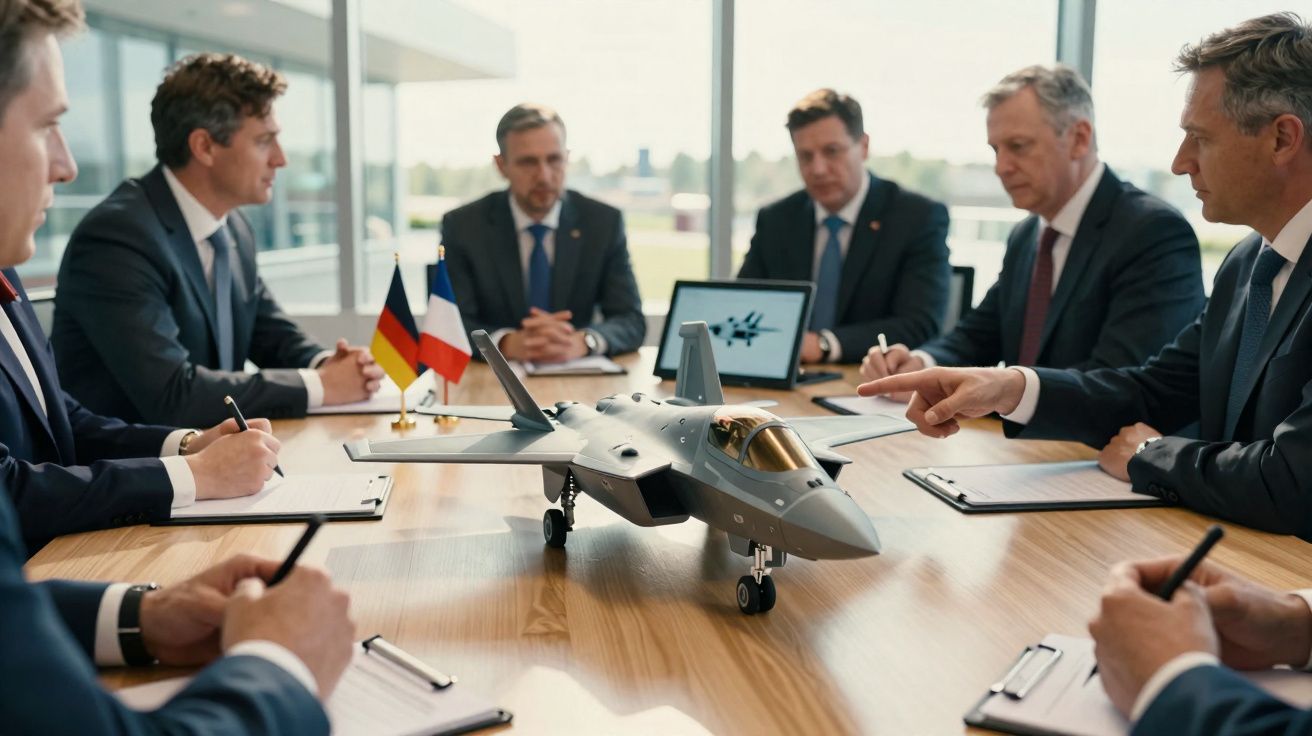 Homens em reunião com miniatura de avião militar sobre mesa de madeira e bandeiras da Alemanha e França.
