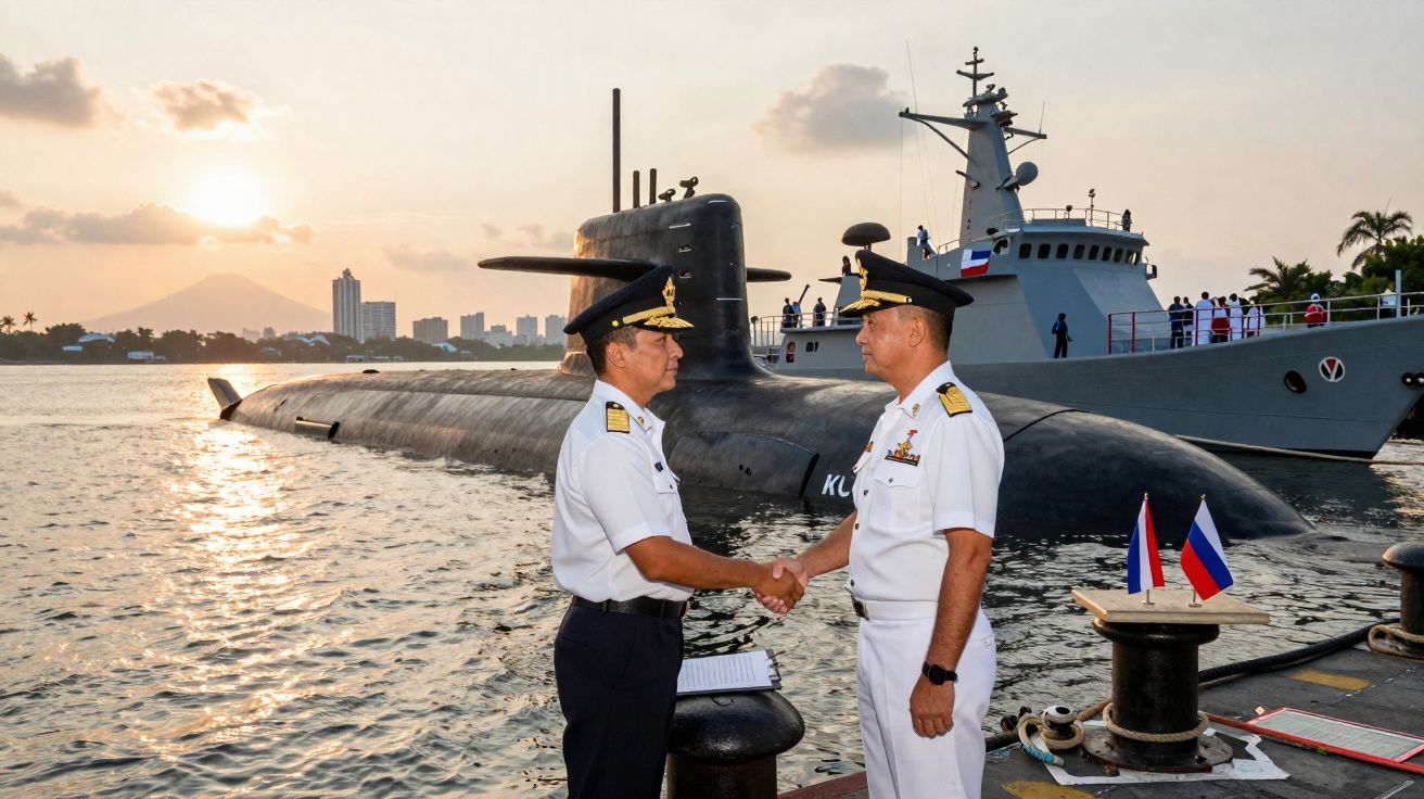 Dois oficiais navais em uniformes brancos se cumprimentam em um cais, com um submarino e navio ao fundo ao pôr do sol.