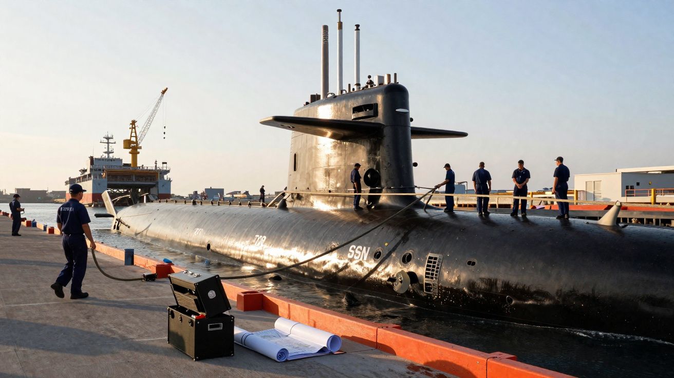 Submarino preto atracado em porto com marinheiros uniformizados ao redor no início da manhã.
