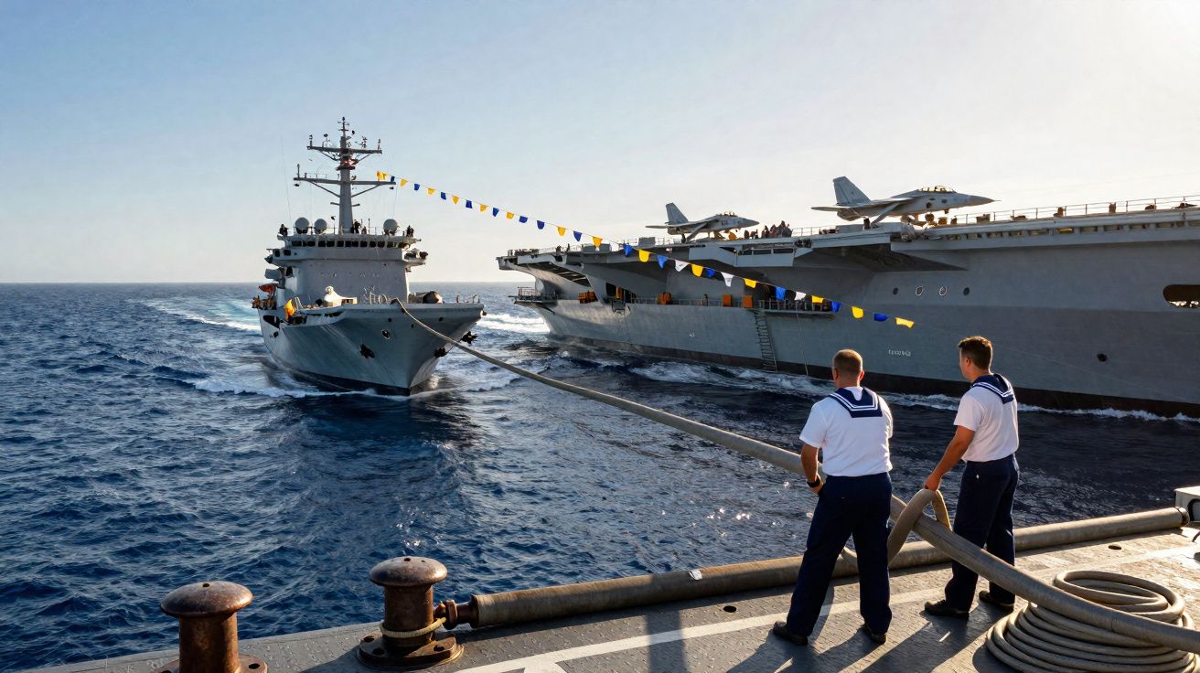 Dois marinheiros seguram corda enquanto navio de guerra se conecta a porta-aviões decorado com bandeiras no mar azul.