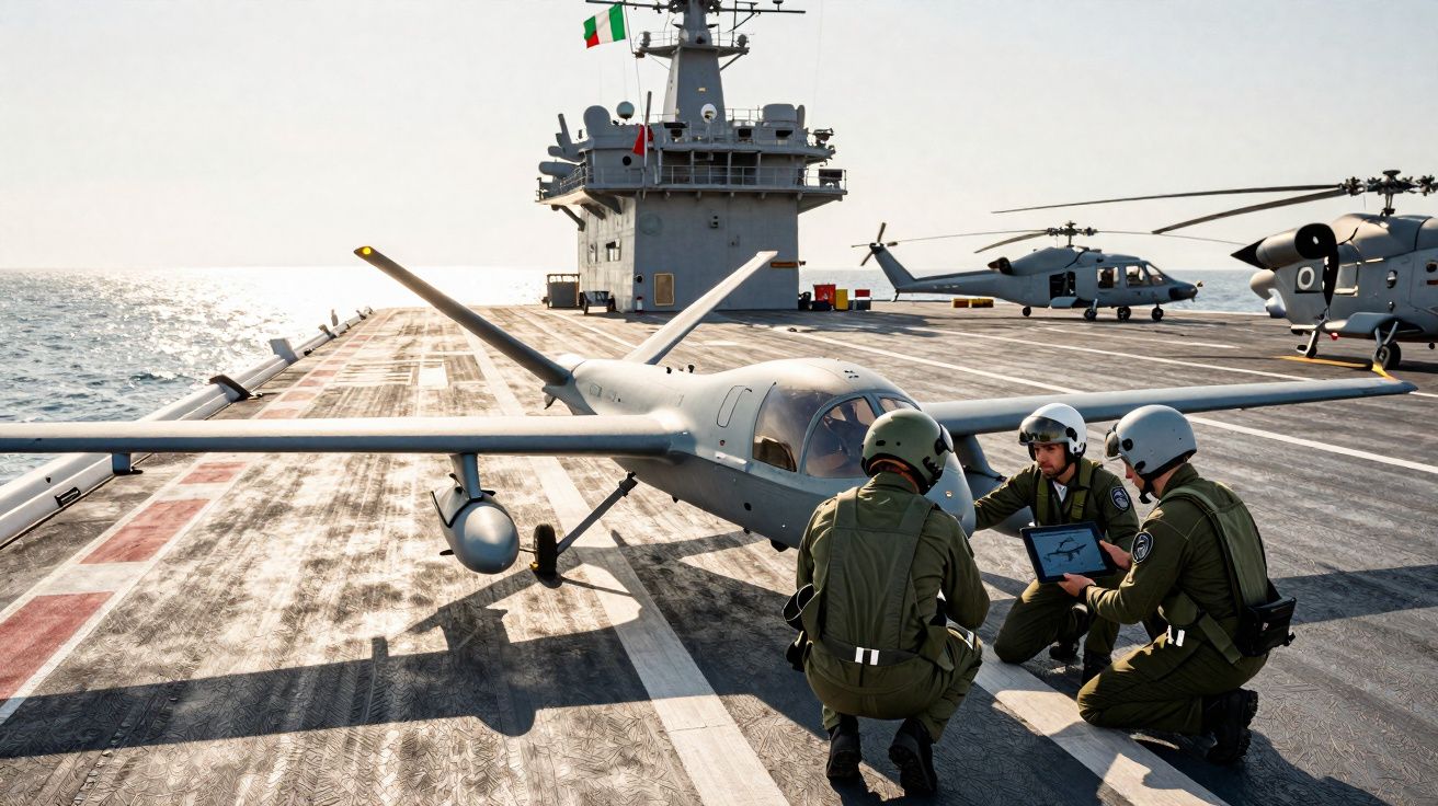 Três militares em aeronáutica inspecionam drone no convés de um porta-aviões ao entardecer.