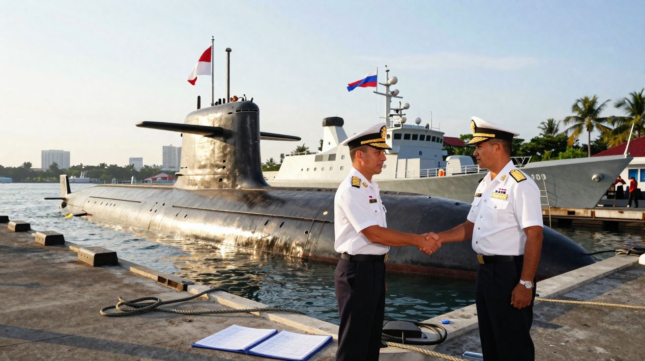 Dois oficiais da marinha em uniforme branco apertam as mãos em um píer, com um submarino e navios ao fundo.