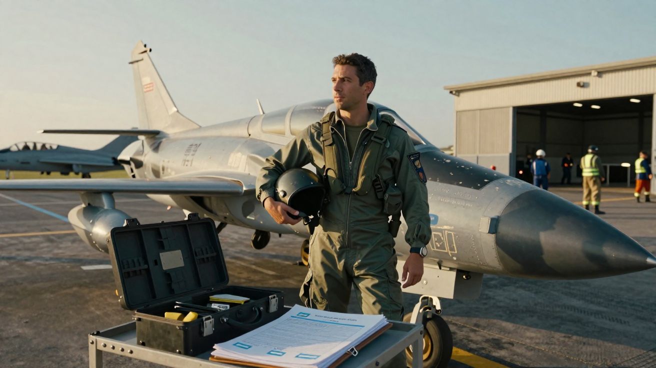 Piloto militar em uniforme verde-marinho segurando capacete em frente a jato no pátio de hangar.