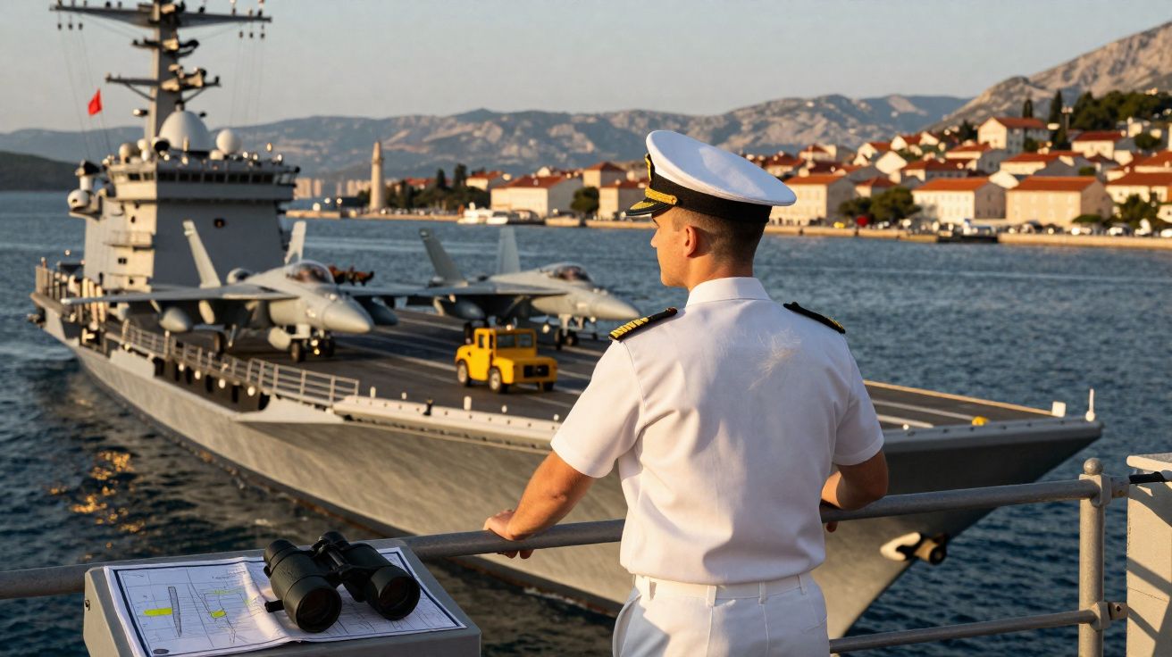 Oficial naval observando porta-aviões com caças estacionados no convés durante o pôr do sol.