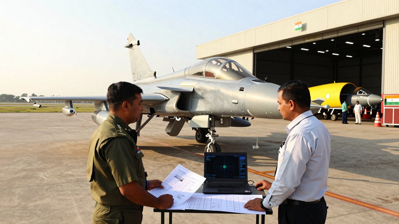 Dois homens analisam documentos e dados em laptop próximo a caça militar cinza num pátio de aeroporto.