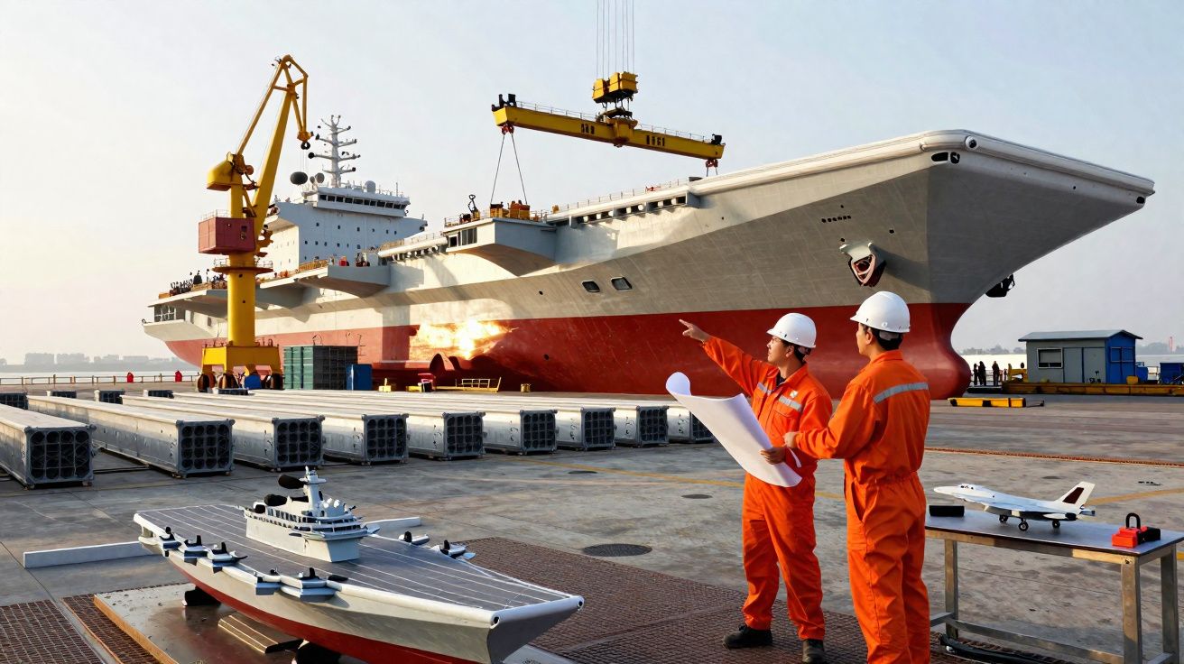 Dois engenheiros em macacões laranja e capacetes revisam projeto ao lado de modelo e navioporta-aviões em doca.