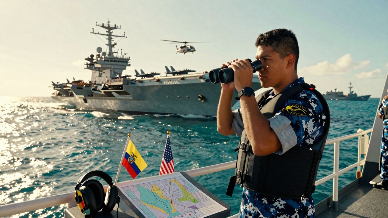 Marinheiro com binóculos na embarcação observa porta-aviões e helicóptero no mar ao fundo.