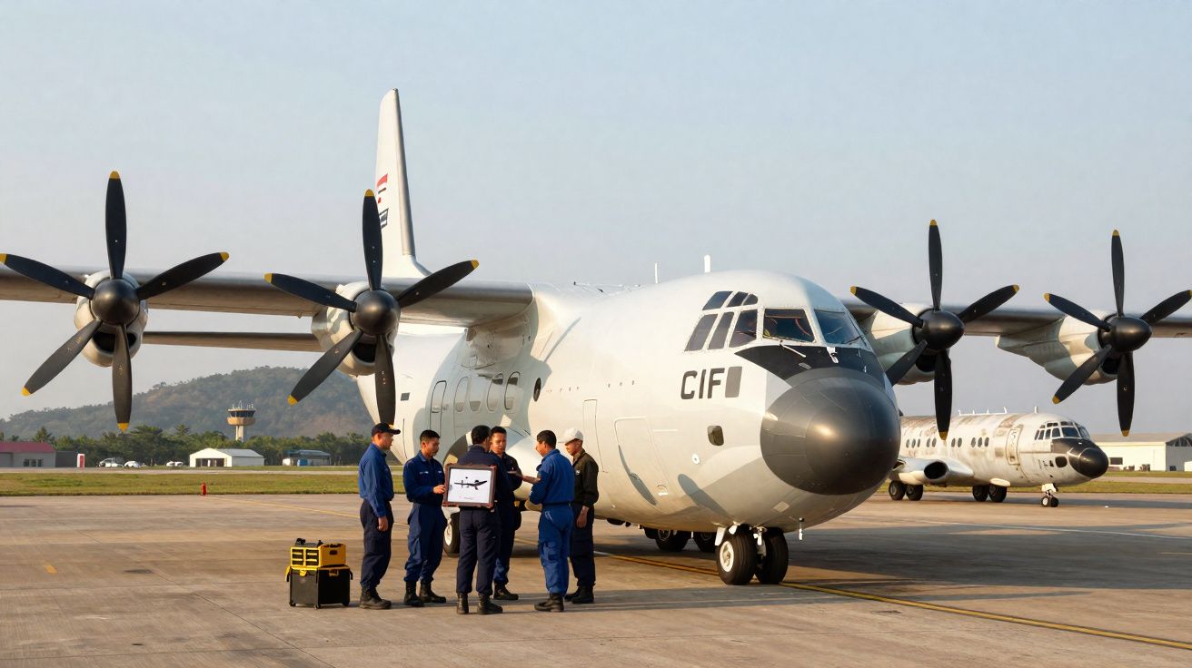 Equipes de militares com uniformes azuis reunidas ao lado de avião de transporte C-130 no aeroporto.