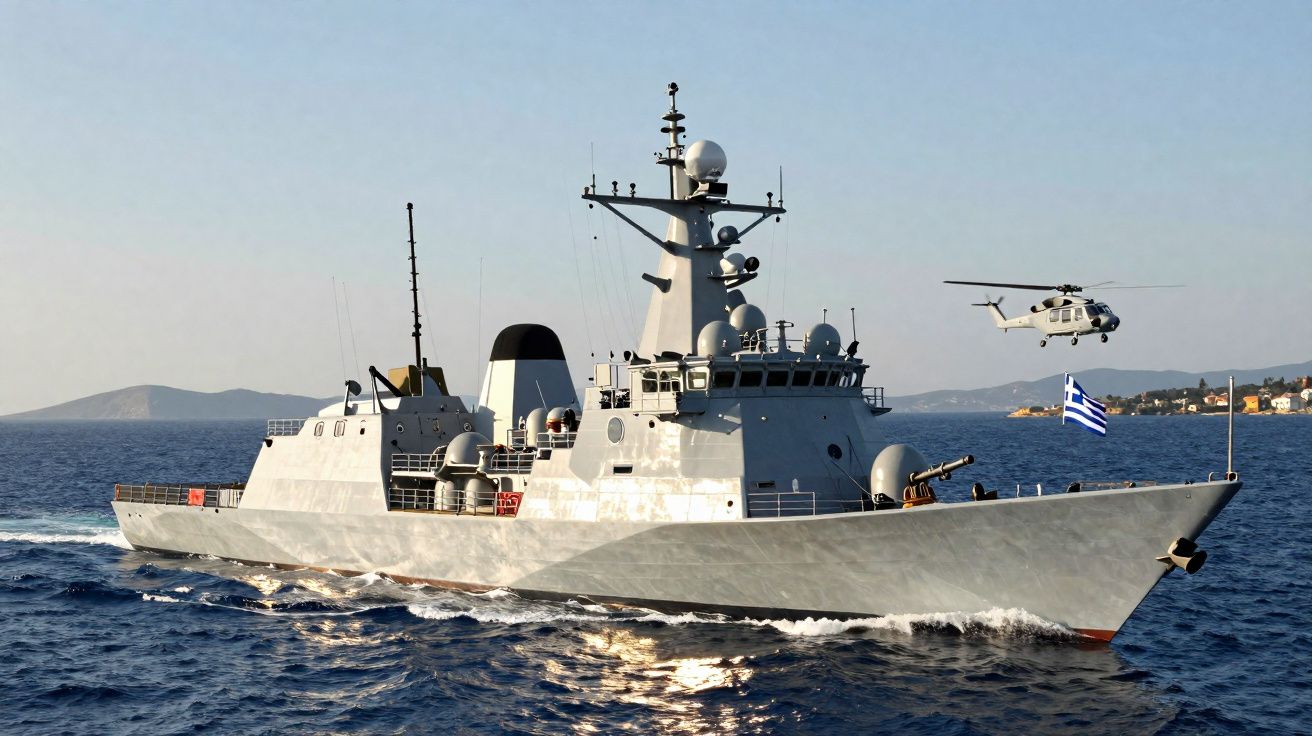 Navio de guerra cinza navegando no mar com helicóptero e bandeira da Grécia ao fundo.