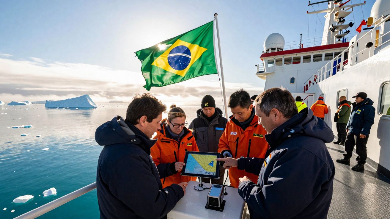 Equipe de pesquisadores com jaquetas laranja em navio no Ártico sob a bandeira do Brasil.