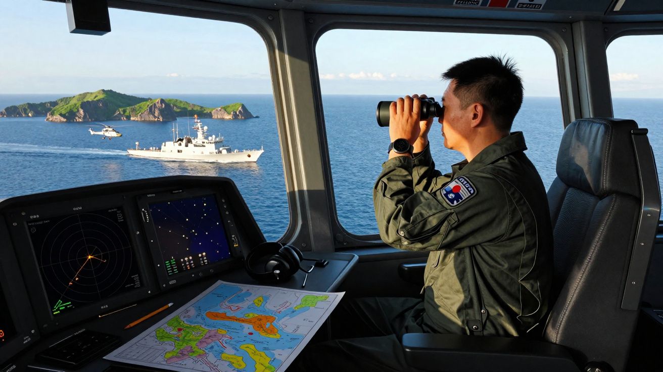 Homem com uniforme militar observa pelo binóculo dentro de cabine de navio com mapa náutico e radar.
