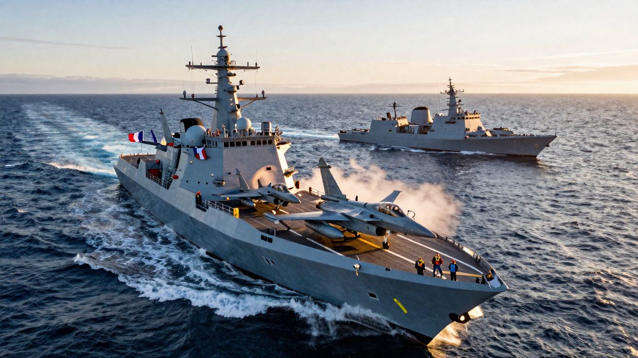 Dois navios militares em alto mar, um com caças no convés e tripulantes na proa durante o pôr do sol.