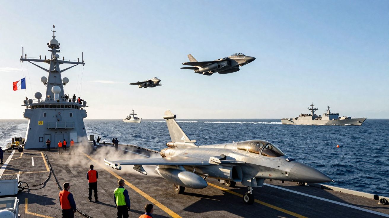 Porta-aviões com jatos militares na pista e navios de guerra no mar sob céu claro.