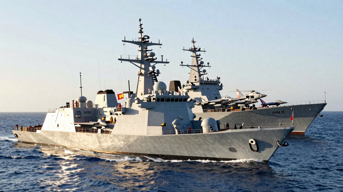 Dois navios de guerra cinzas navegando próximos um do outro em mar calmo sob céu claro.