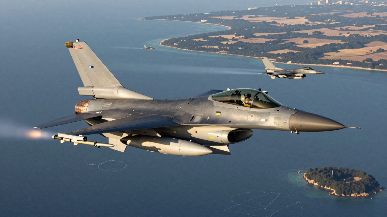 Dois caças F-16 voando sobre o mar próximo a uma ilha e uma faixa de terra ao fundo.