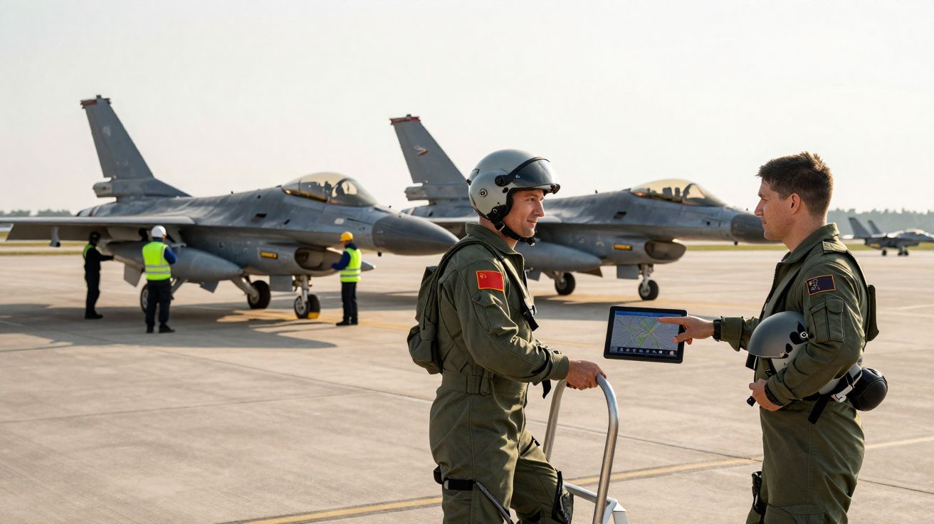 Dois pilotos militares conversam em pista com jatos de combate e equipe de solo ao fundo.