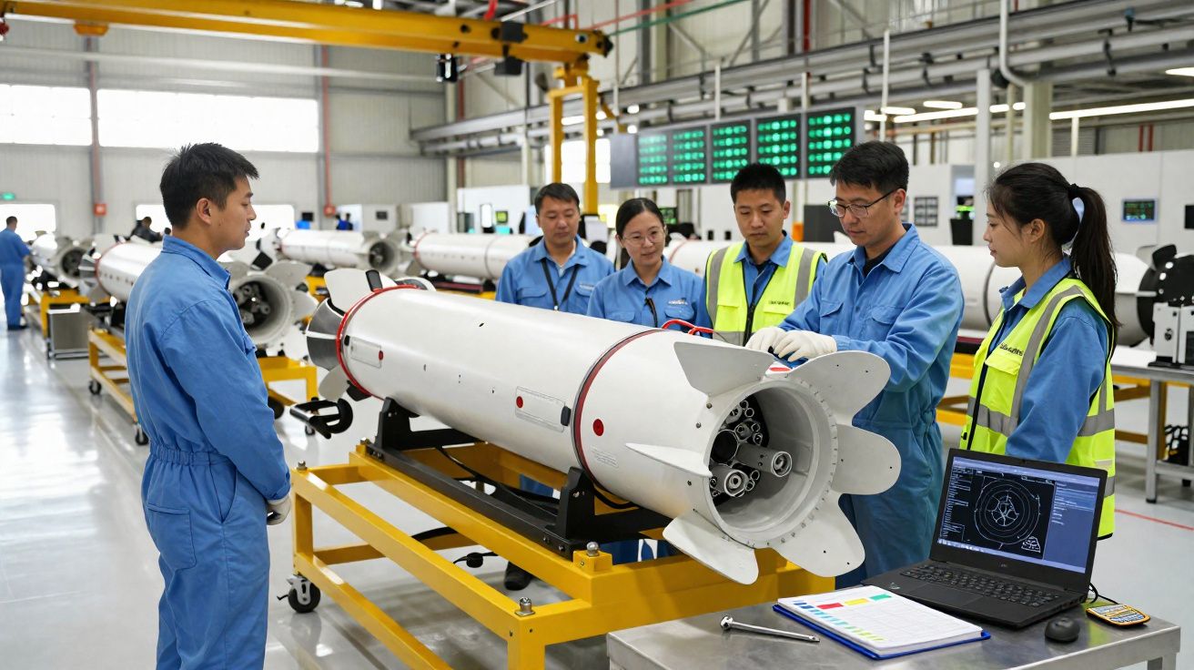 Equipe técnica inspecionando um foguete branco em ambiente industrial moderno.