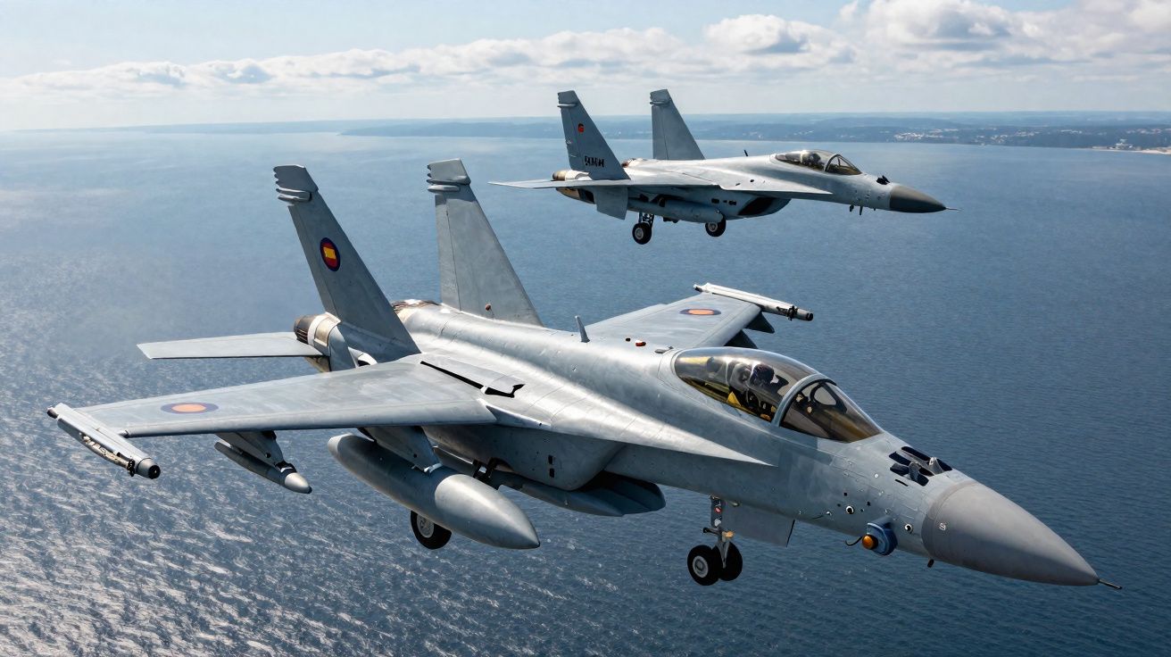 Dois caças militares voando sobre o mar em céu claro.