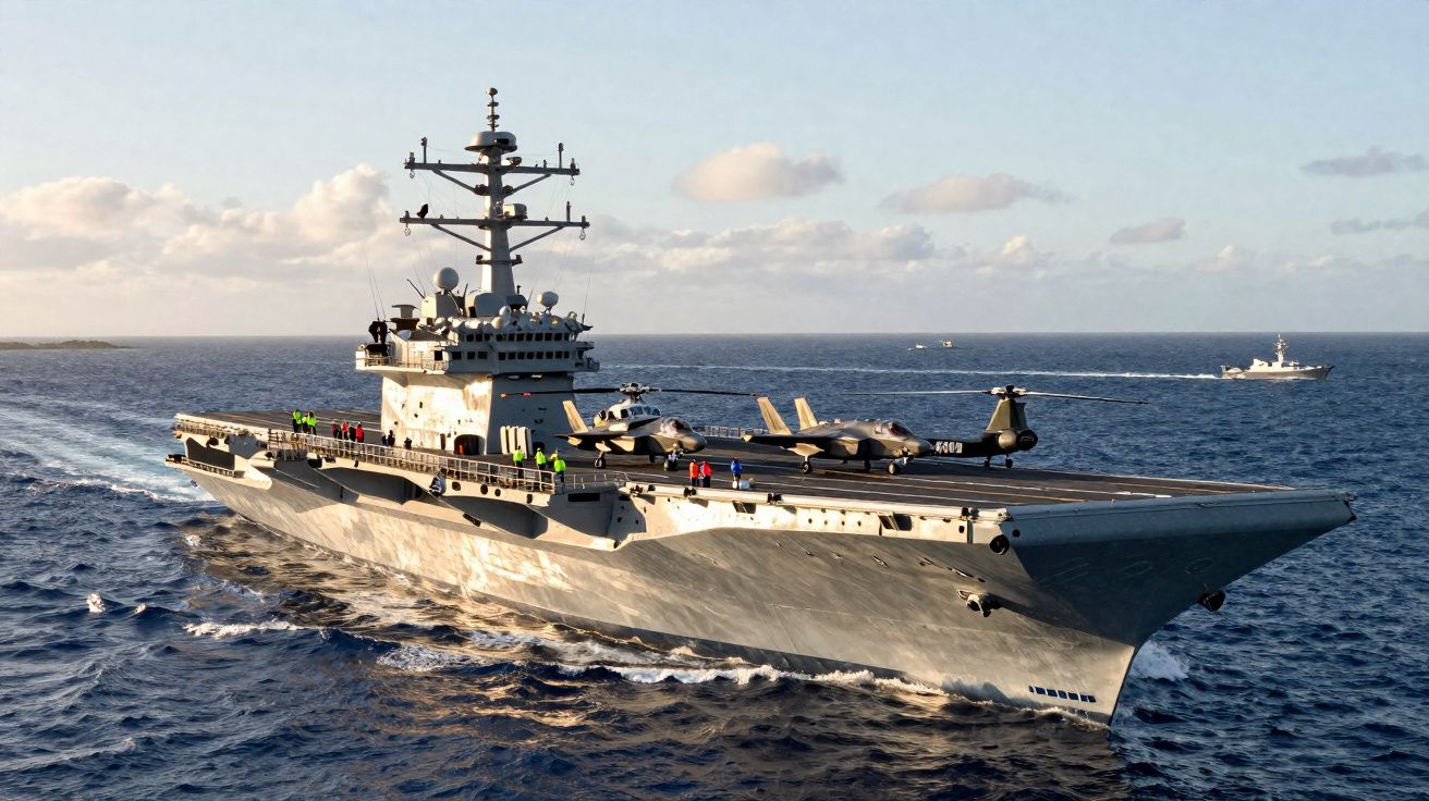 Porta-aviões militar navegando em mar aberto com dois caças estacionados no convés.