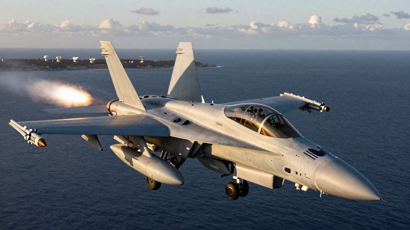 Caça F/A-18 lançando míssil com mar e céu ao fundo durante voo.