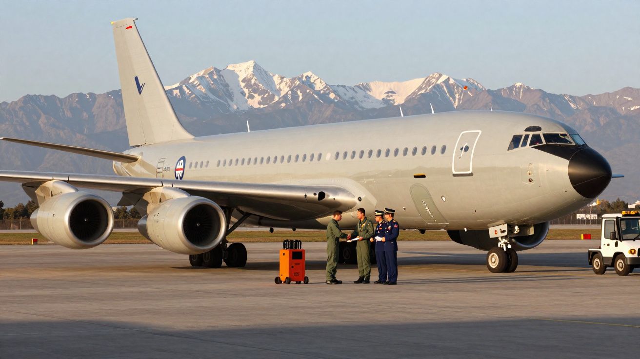 Avião militar estacionado em pista com três pessoas em uniforme e montanhas ao fundo.