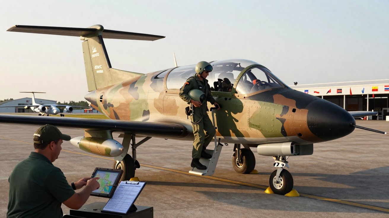 Piloto militar saindo de avião de caça camuflado no pátio de aeroporto, com técnico observando em tablet.
