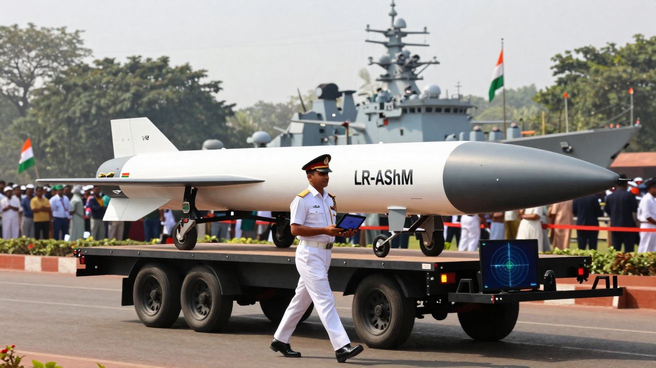 Oficial naval indiano marcha ao lado de míssil LR-AShM exibido em trailer durante cerimônia pública.