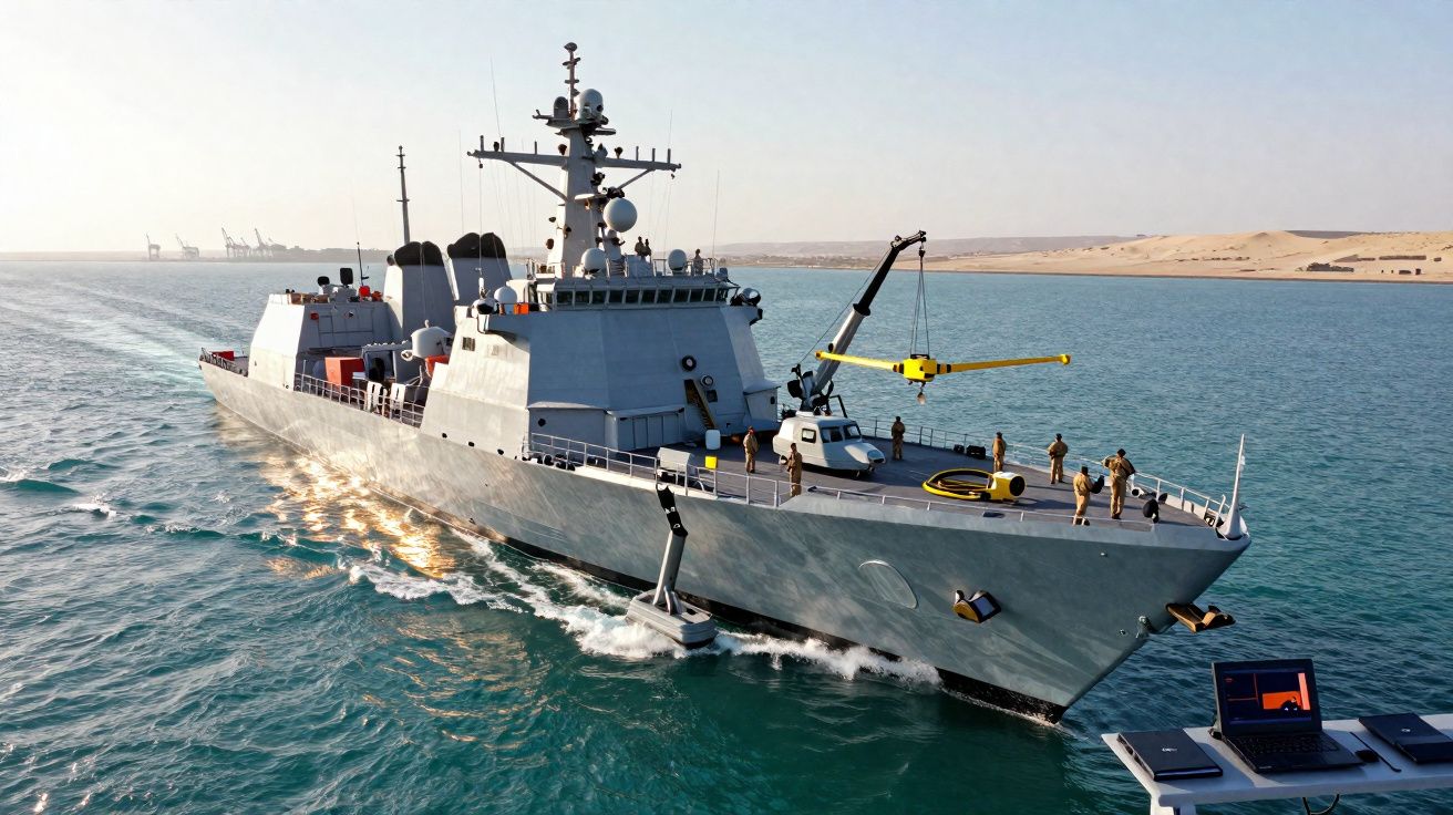 Navio militar cinza navegando próximo à costa desértica com soldados no convés e equipamento tecnológico à direita.