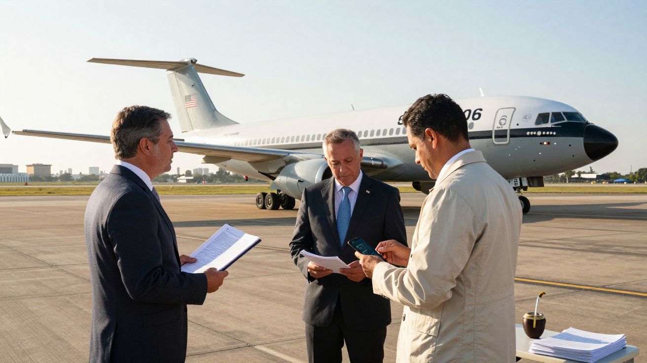 Três homens em terno revisando documentos na pista de avião com uma aeronave militar ao fundo.