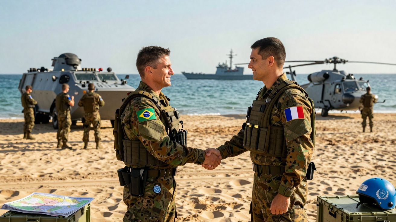 Dois soldados, um brasileiro e um francês, apertam as mãos em praia com veículos militares e equipe ao fundo.