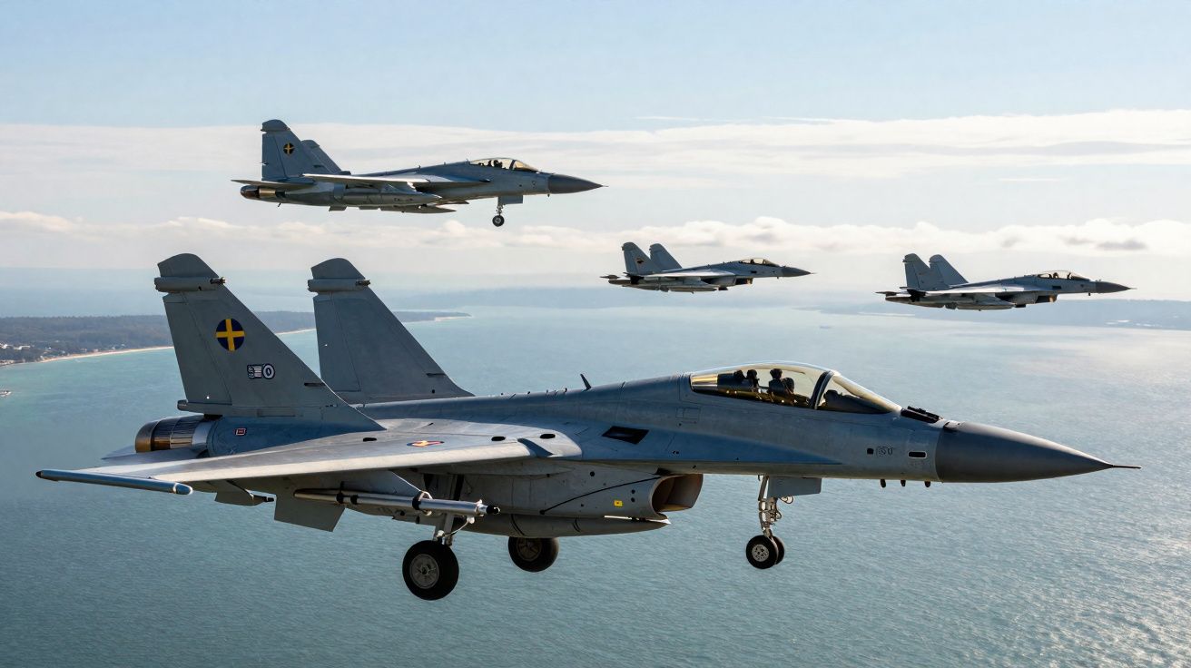 Formação aérea de quatro caças militares voando sobre o oceano em dia claro.