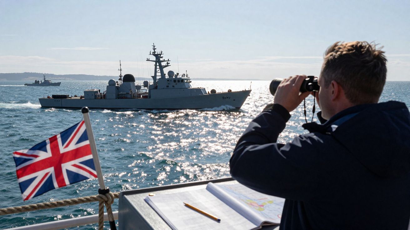 Homem observa com binóculo navios militares no mar com bandeira do Reino Unido à vista.
