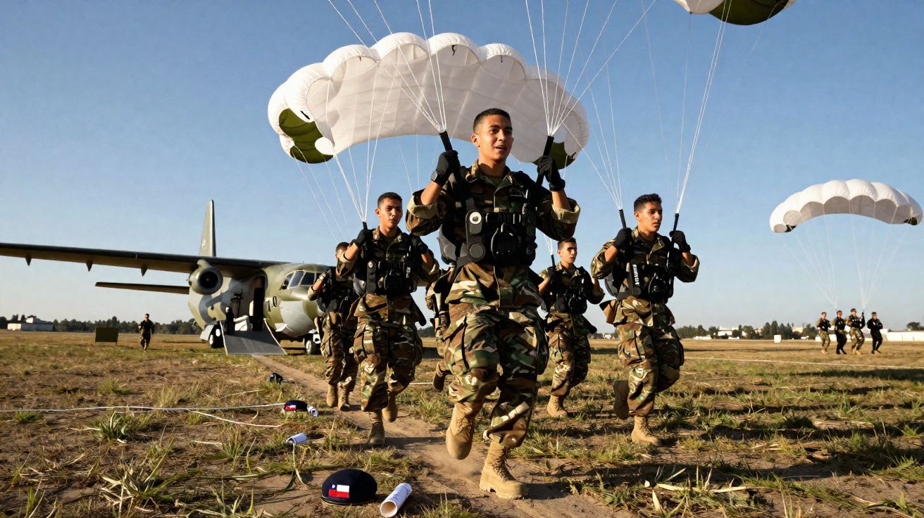 Soldados em trajes camuflados pousam com paraquedas abertos próximo a avião em campo aberto.