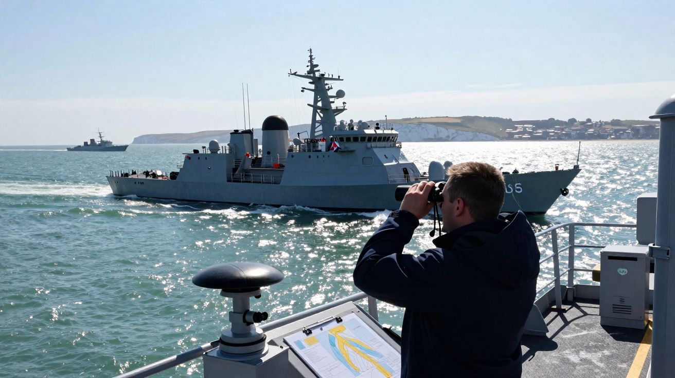 Homem observando com binóculos navios militares no mar sob céu claro durante o dia.