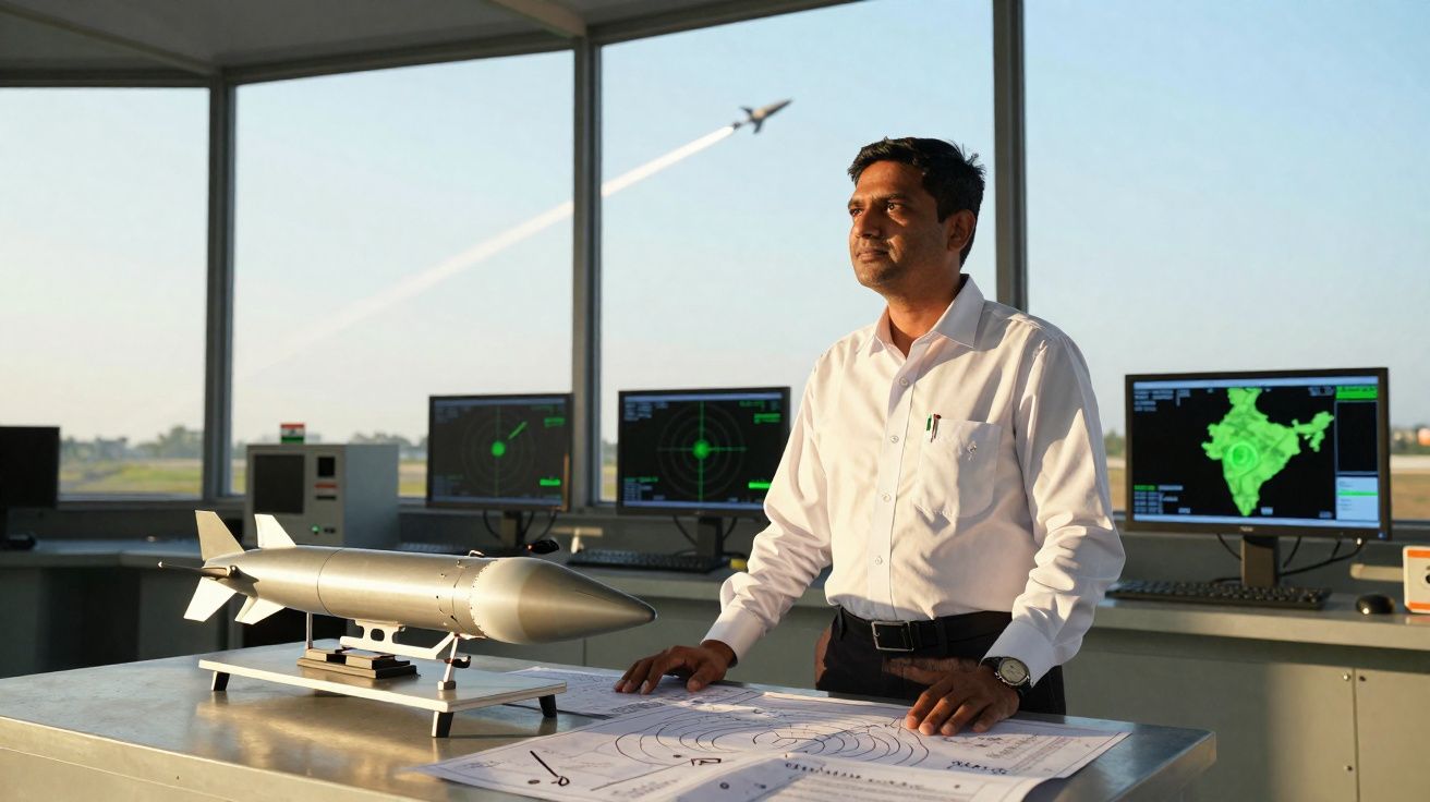 Homem em sala de controle militar com mapas e modelo de míssil, olhando para jato voando ao fundo.