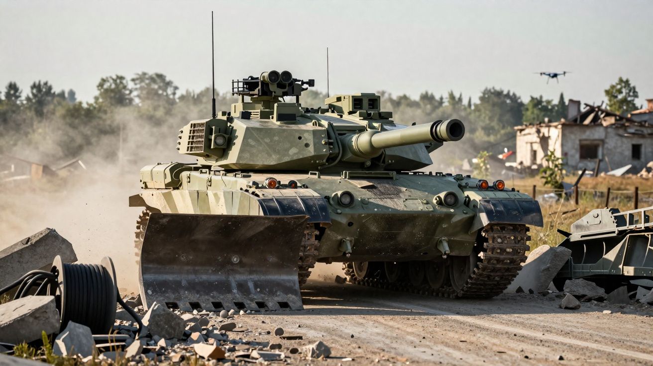 Tanque militar verde com lâmina frontal avançando em estrada de terra com escombros ao redor.
