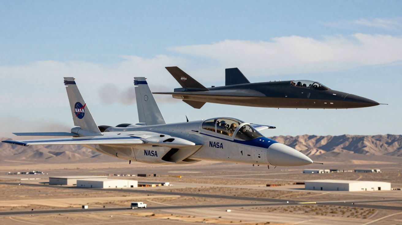 Dois aviões da NASA, um cinza e outro preto, voando sobre área desértica com montanhas ao fundo.