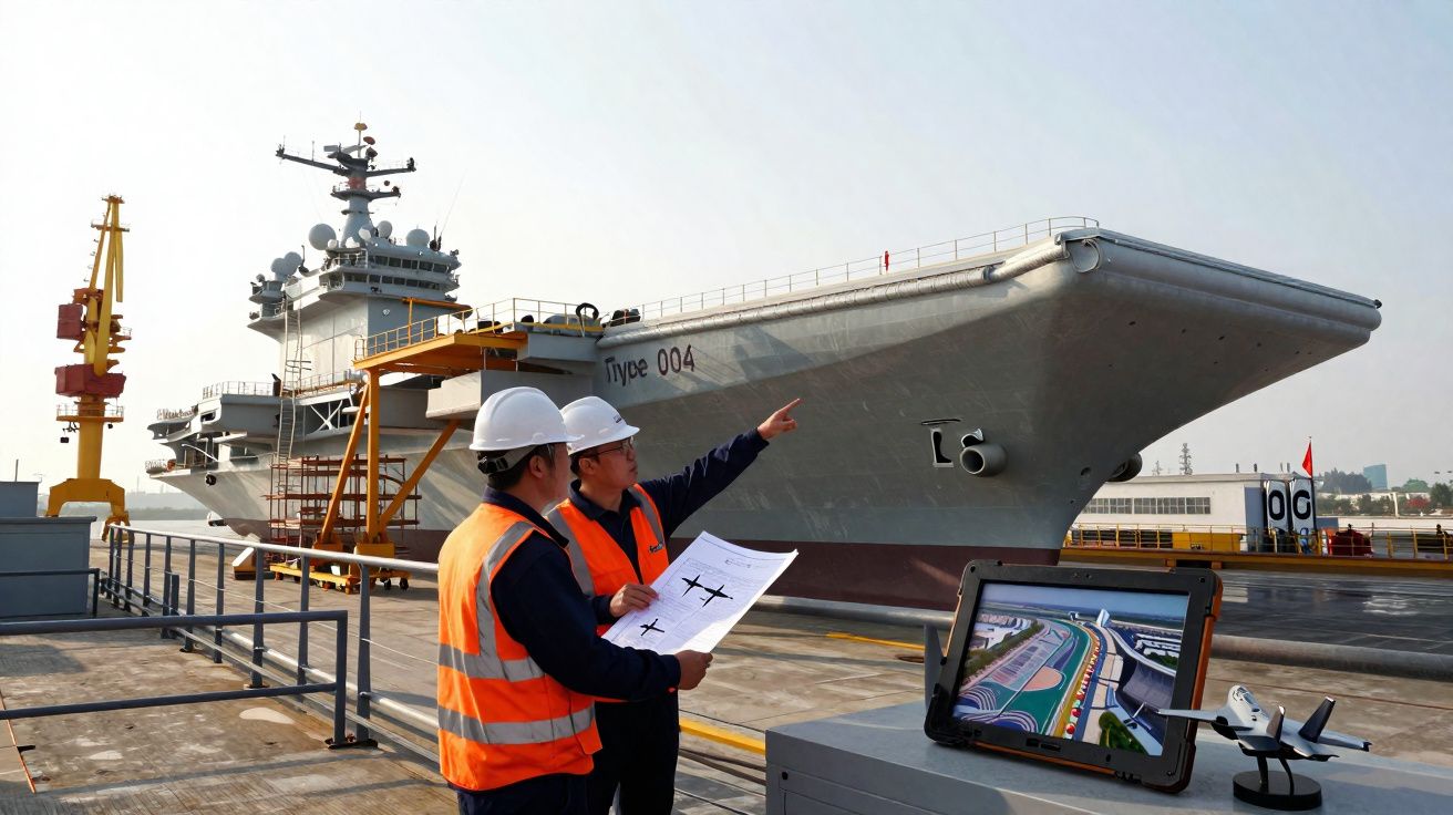 Dois trabalhadores com capacetes e coletes refletores analisando plantas diante de um grande navio ancorado.