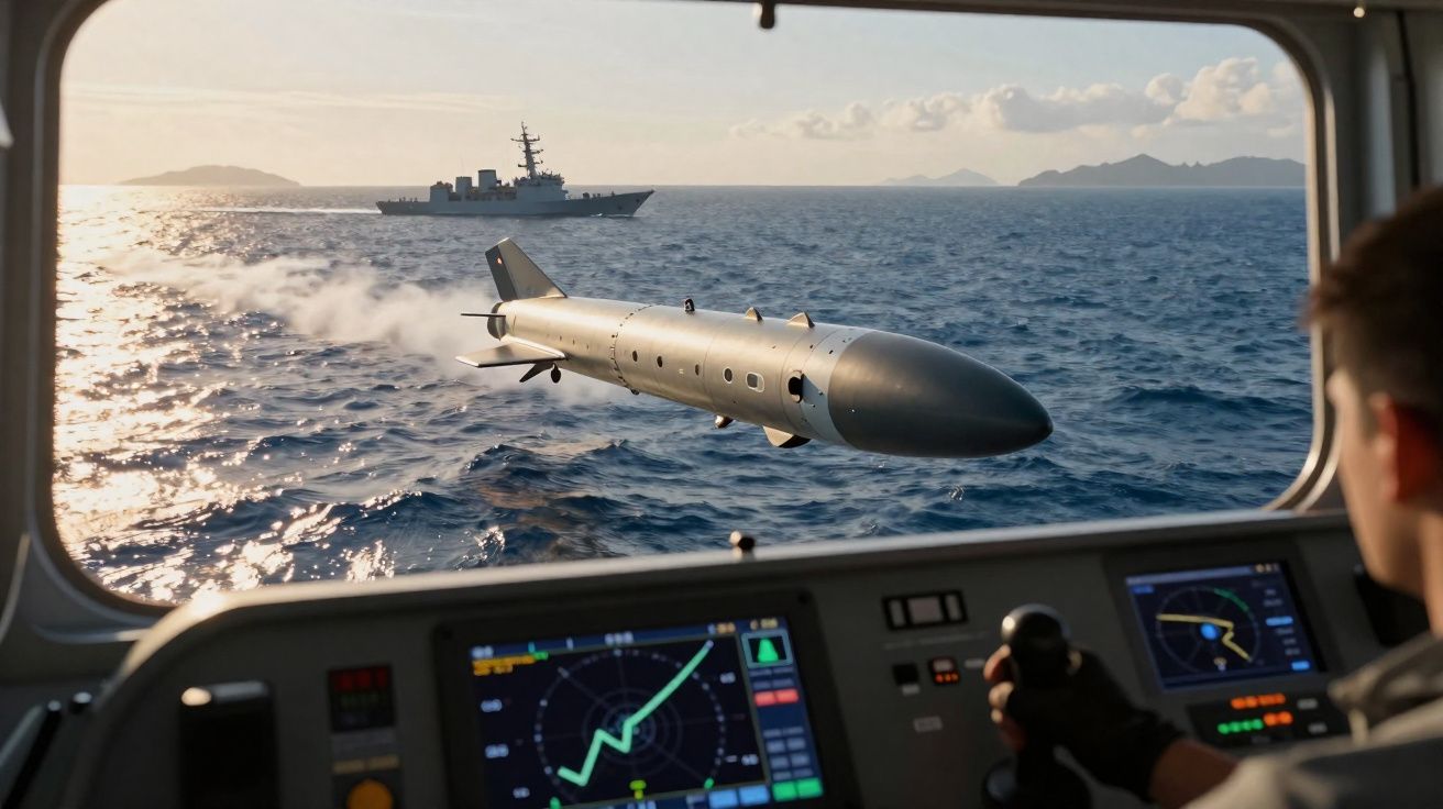 Vista interna de um submarino mostrando torpedo em lançamento em direção a navio de guerra no mar.