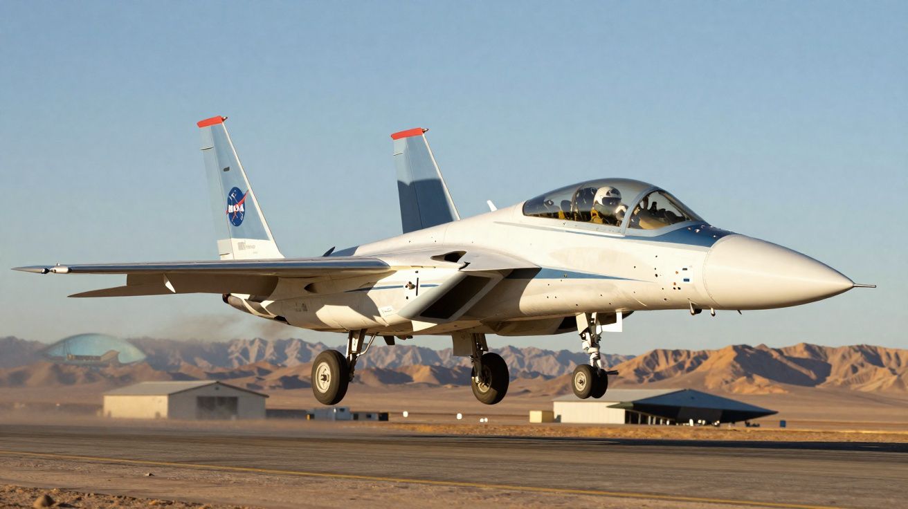 Avião de caça branco com logo da NASA decolando em pista de deserto com montanhas ao fundo.