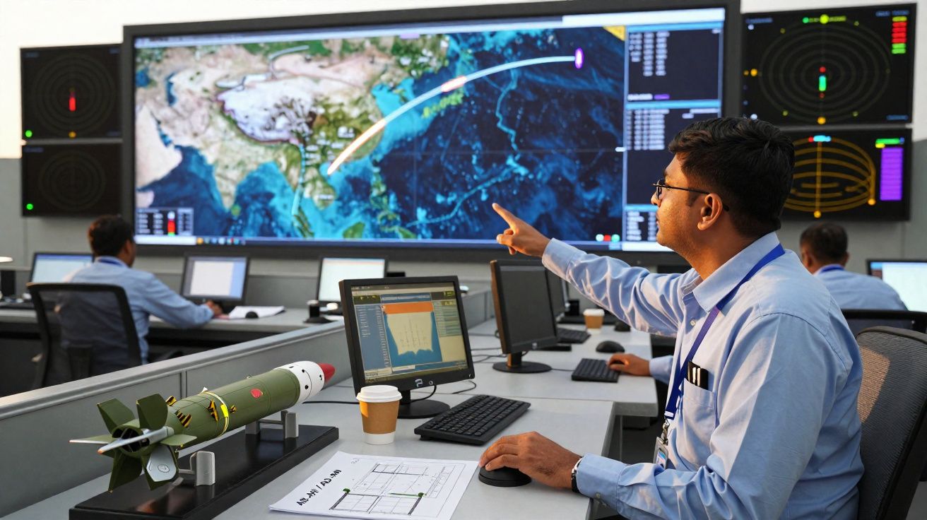 Homem em centro de controle analisa rota de míssil em grande tela com mapa e informações técnicas.
