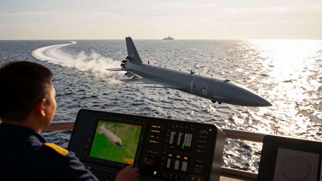 Marinheiro monitora em estação de controle lançamento de torpedo na água ao entardecer.